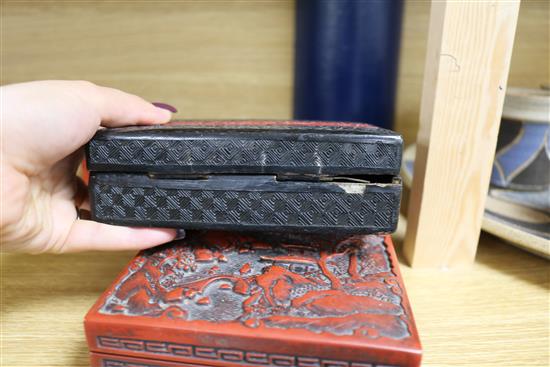 Three Chinese cinnabar lacquer boxes and another lacquer box Largest 19 x 13cm